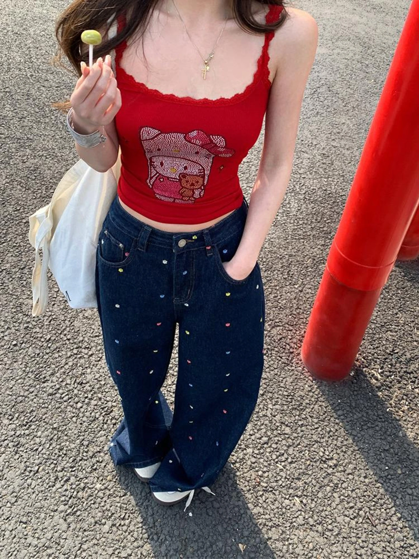 

Casual Loose Wide Leg Jeans Embroidered Floral Pattern Summer New Style Women's Loose Feeling Comfortable Denim Pants