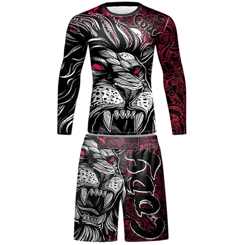 Boks Rashguard t-shirty + spodnie garnitur mężczyźni Rashguard dla zawodników MMA BJJ koszulki spodenki Muay Thai MMA koszulka kompresyjna