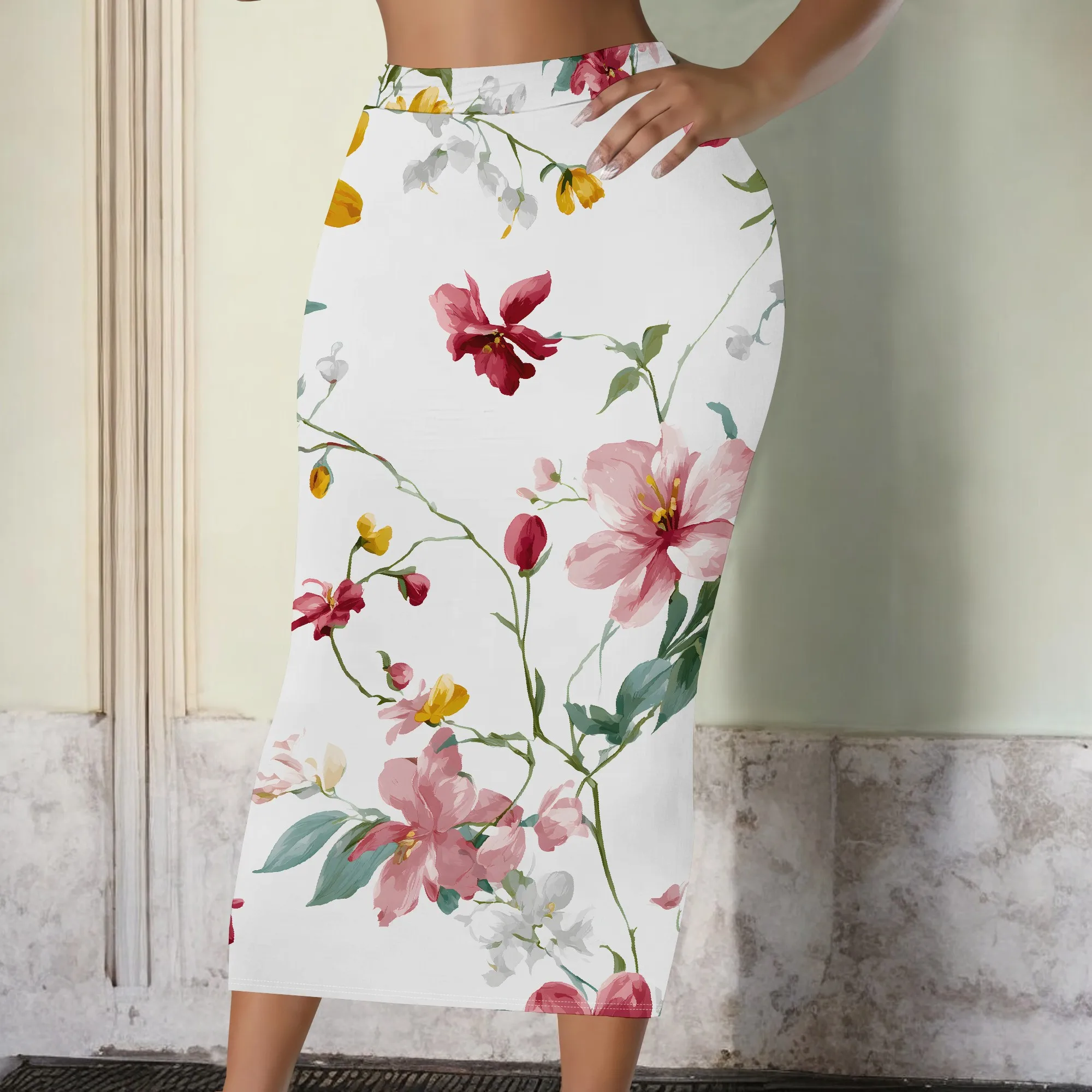 Floral Midi Skirt, Watercolor Print Pencil Skirt, Spring Summer A-Line Skirt, Elegant Women's Office Wear, S-2XL
