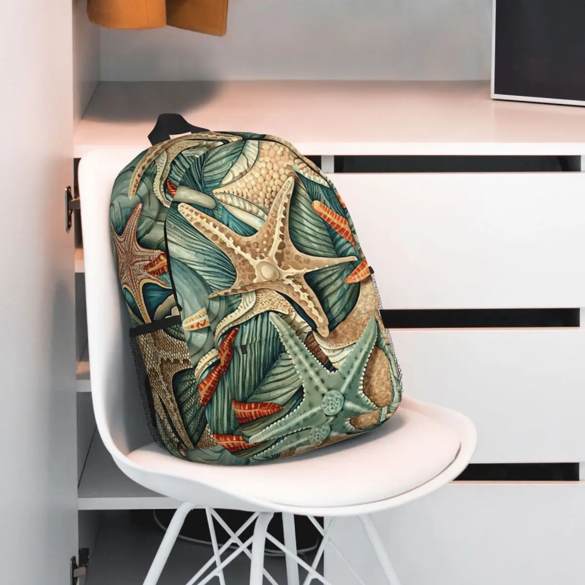 Beachthemed Starfish Shell Pattern Backpack Student BookBag Kids School Bag Laptop Shoulder Bags for Boys Girls