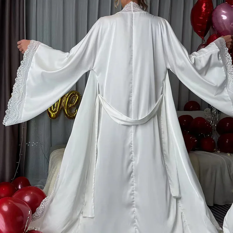 Perfect Satin Pajamas Women, Lace Light Luxury Long-sleeved Cool Bathrobe Home