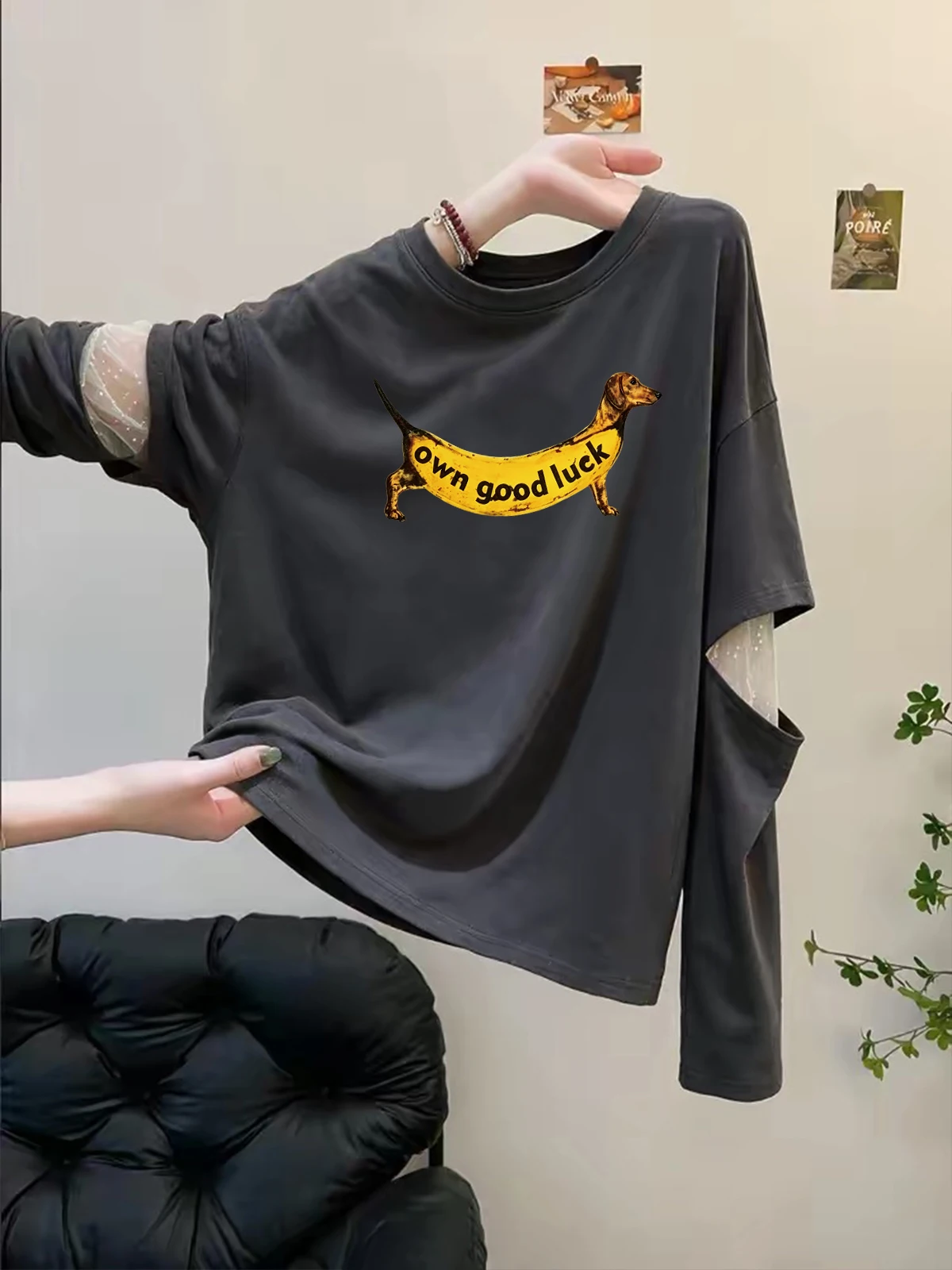 High-End Women's Long Sleeve T-Shirt Mesh Splicing Fake Two-Piece Autumn Fashion Versatile Beautiful Top Relaxing Style Creat...
