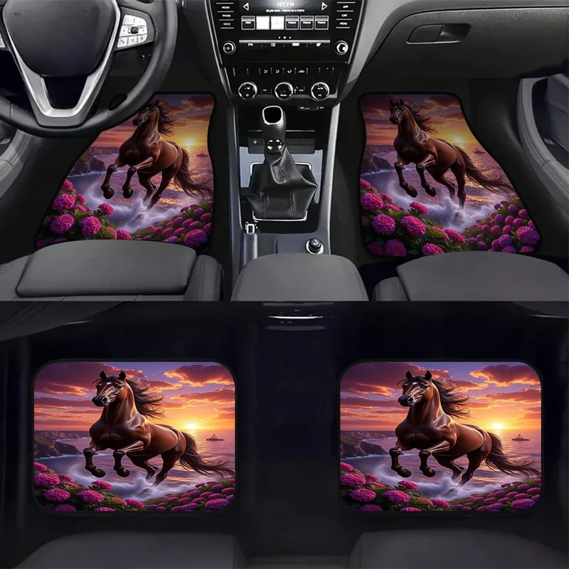 4Pcs Car Floor Mat Set - Galloping Horse Seaside Sunset Floral Print | Personalized Auto Decor
