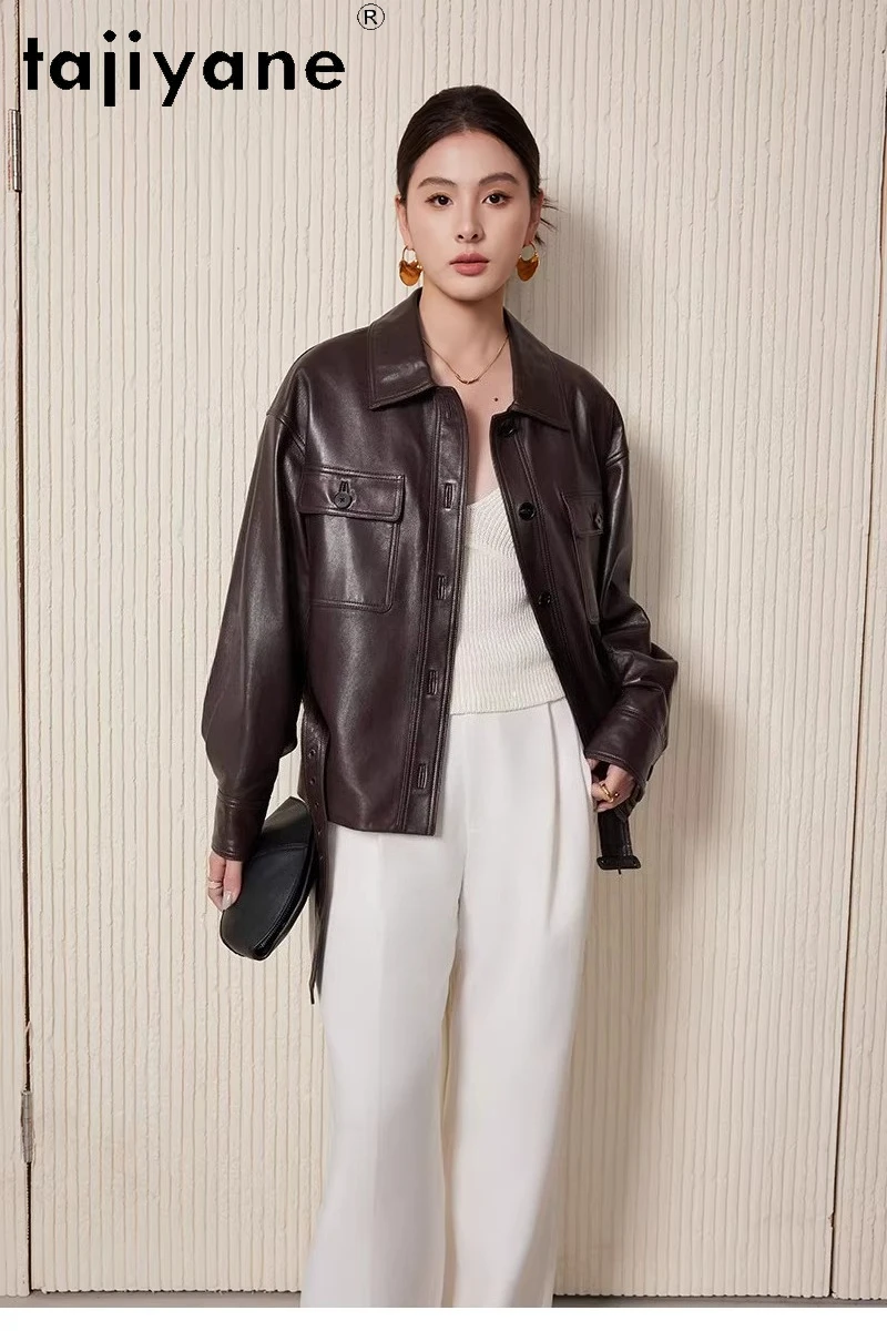TAJIYANE Echte Olie Wax Schapenvacht Jas Vrouw Korte Riem Jas Hoge Kwaliteit Echt Lederen Jassen 2025 Herfst Vrouwen Kleding 12.12