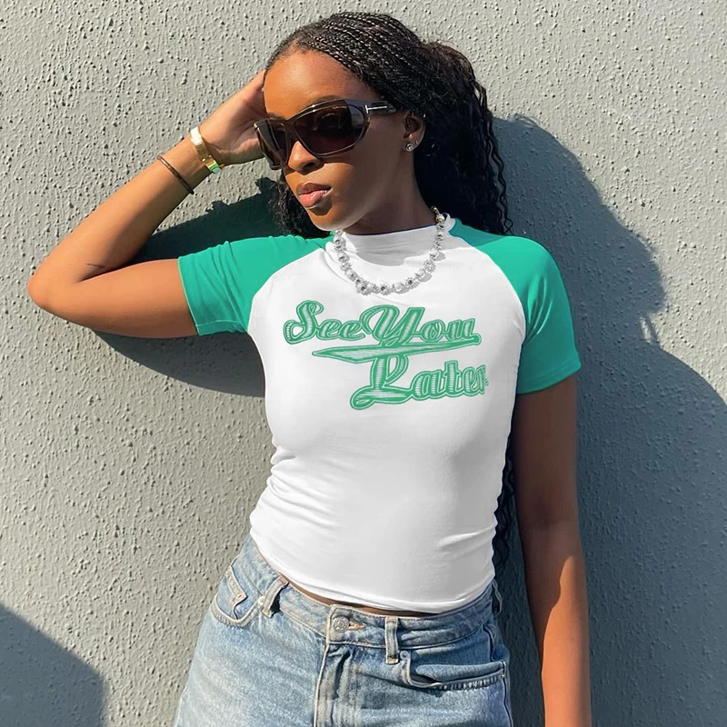 BIIKPIIK Contrast-color Letter Print T-shirts Streetwear Fashion Women Short Sleeve Crop Top Sporty Casual All-match Tees Summer