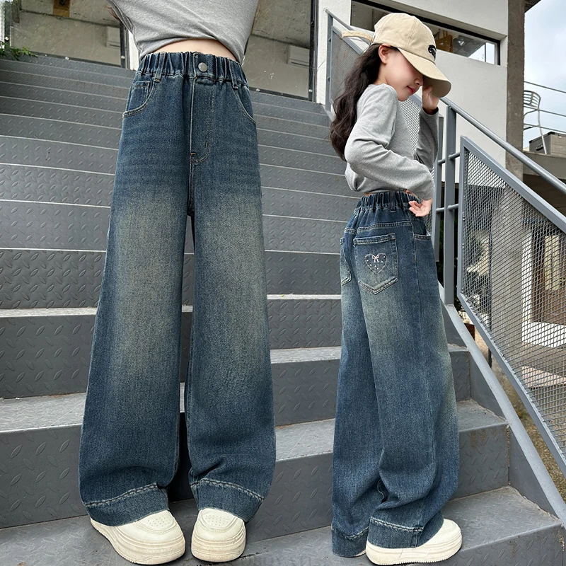 

Kids Girl Retro Pocket Heart Embroidery Blue Baggy Jeans Gothic American Vintage Streetwear Trousers Child Harajuku Denim Pants