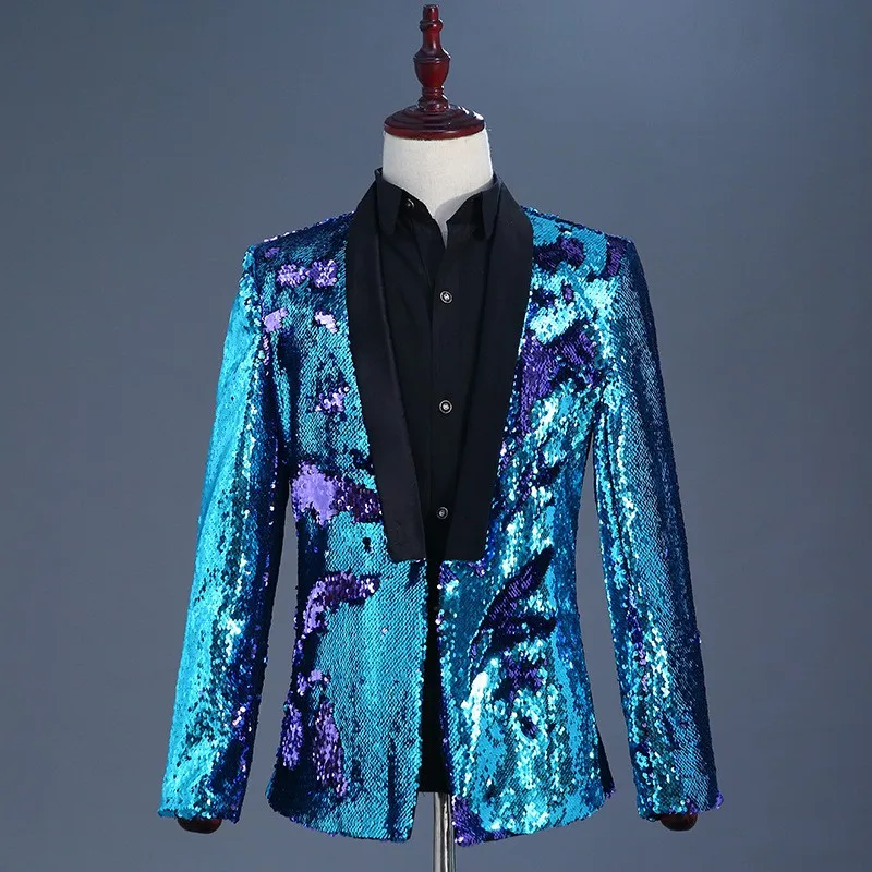 

Spring New Mens Jacket Personality Two-color Blazers Suits Male Sequin Suit Fashion Coat Wedding Groom Stage Singer Dress