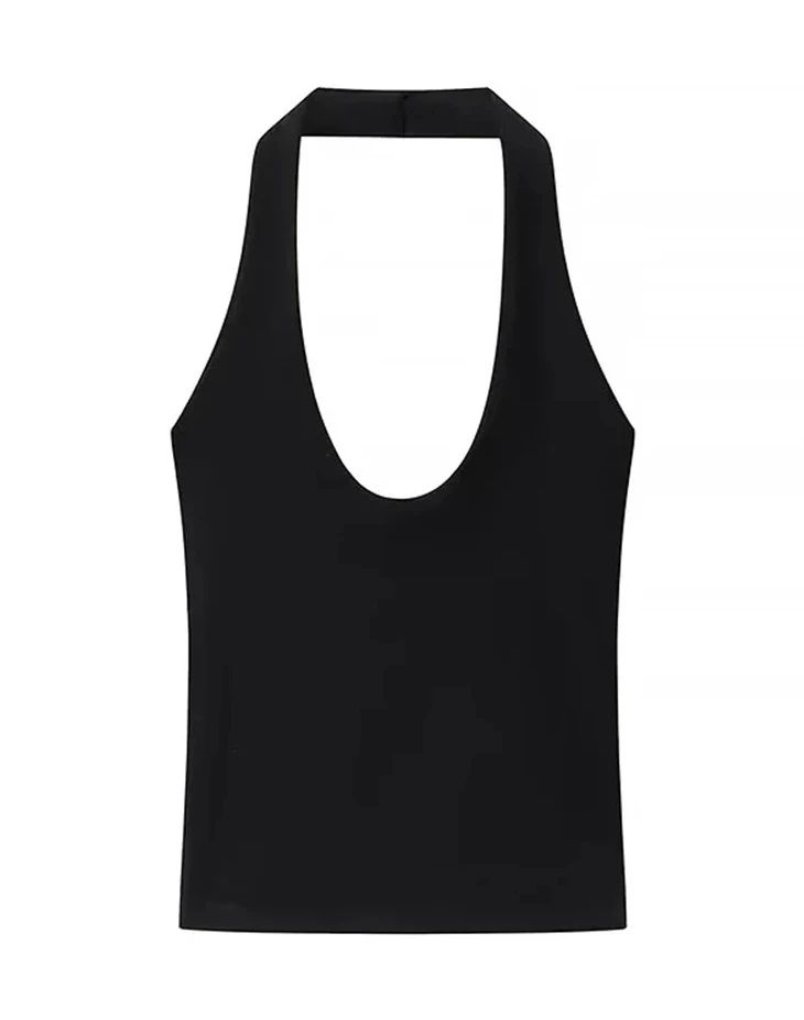 

Женский летний однотонный базовый универсальный топ с воротником-стойкой и открытой спиной