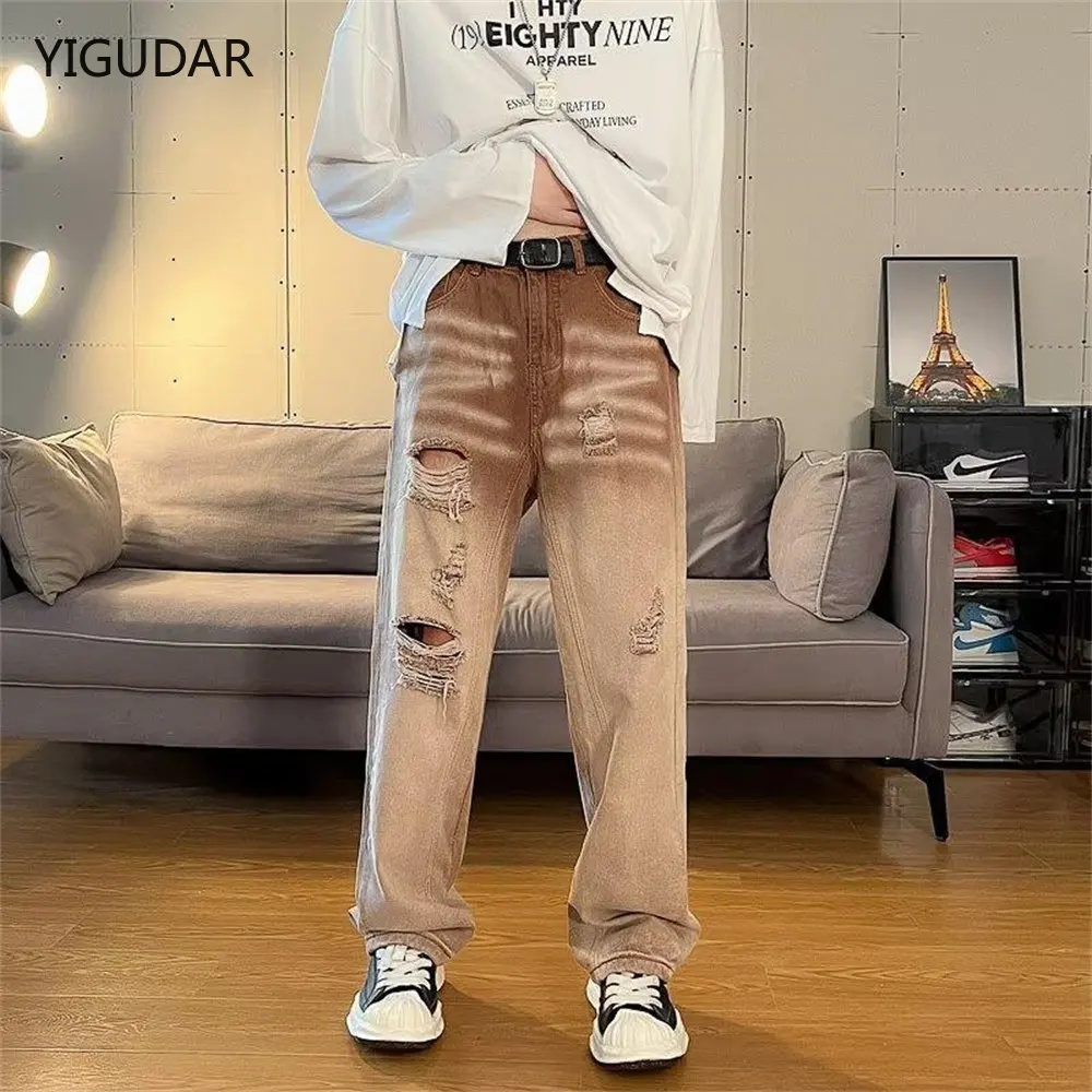 

Brown Ripped Holes Jeans Men pants Summer Baggy Mopping Denim Wide Leg Trousers Casual Hip Hop Korean Fashion Bottoms