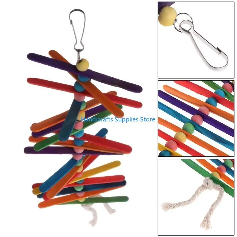 R1WA Bird Toy Tearing Chew Toy for Teeth Wooden Popsicles Cage Hanging String Toy Pet Grinding Teeth Toy Colorful Rainbow