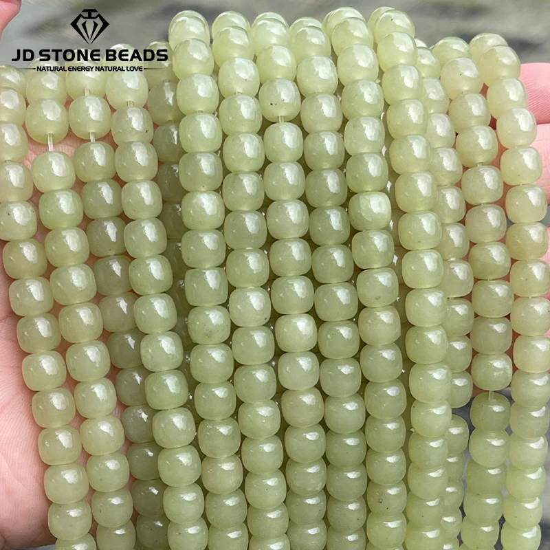 

7x8mm Natural Stone Green Hetian Jade Chalcedony Barrel Shape Beads for Jewelry Making DIY Necklace Bracelet Accessory 15" Inch
