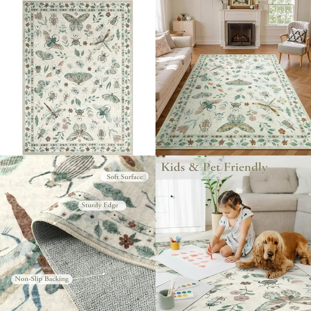 

5x7 Washable Living Room Rug, Soft Thin Non-Shedding Modern Bedroom Carpet, Stain Resistant Dining Room Nursery Throw Rug (Beige