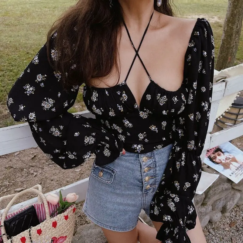 2024 Spring/Summer Large French Retro Square Neck Lantern Sleeves Long Sleeved Shirt Slim Fit Chiffon Top