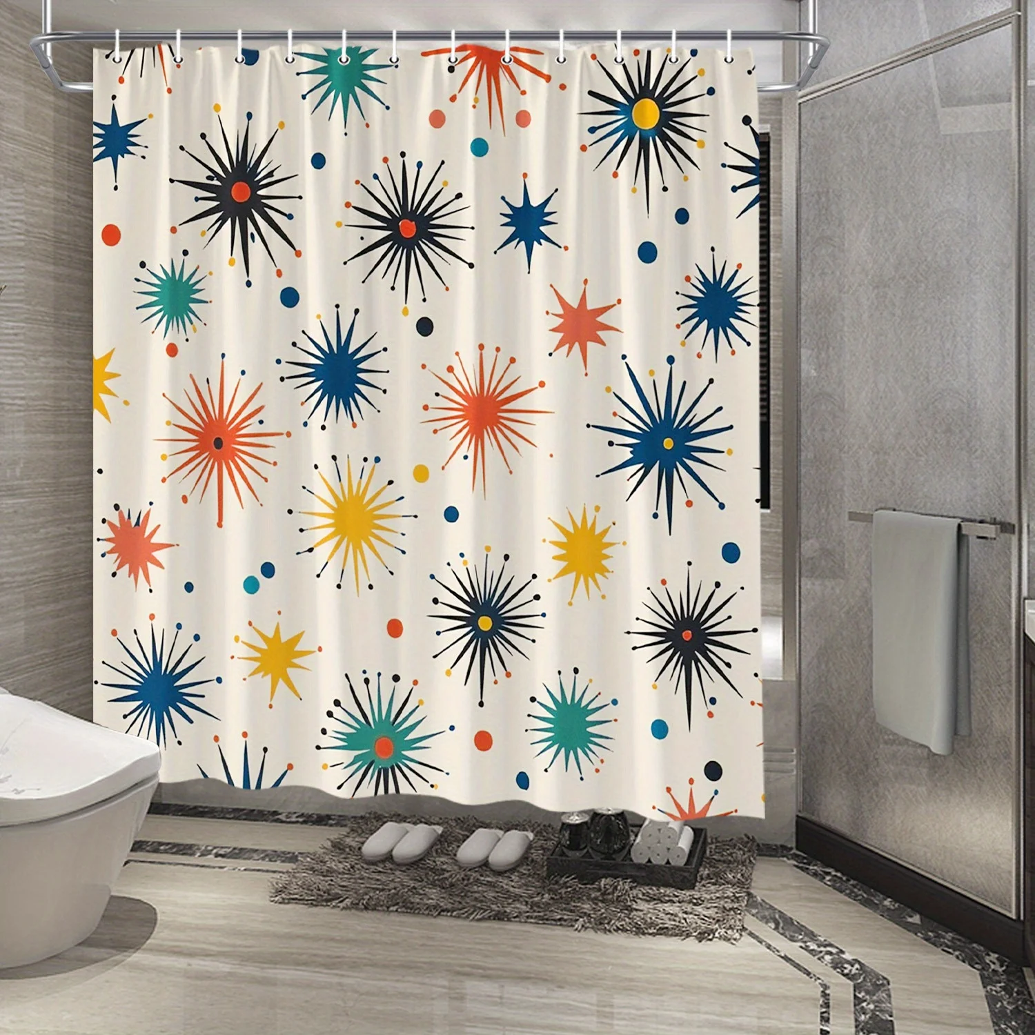 Mid-Century Starburst Shower Curtain 72x72 Polyester Washable – Retro Atomic Motifs in Blue, Orange, Teal & Black on Cream