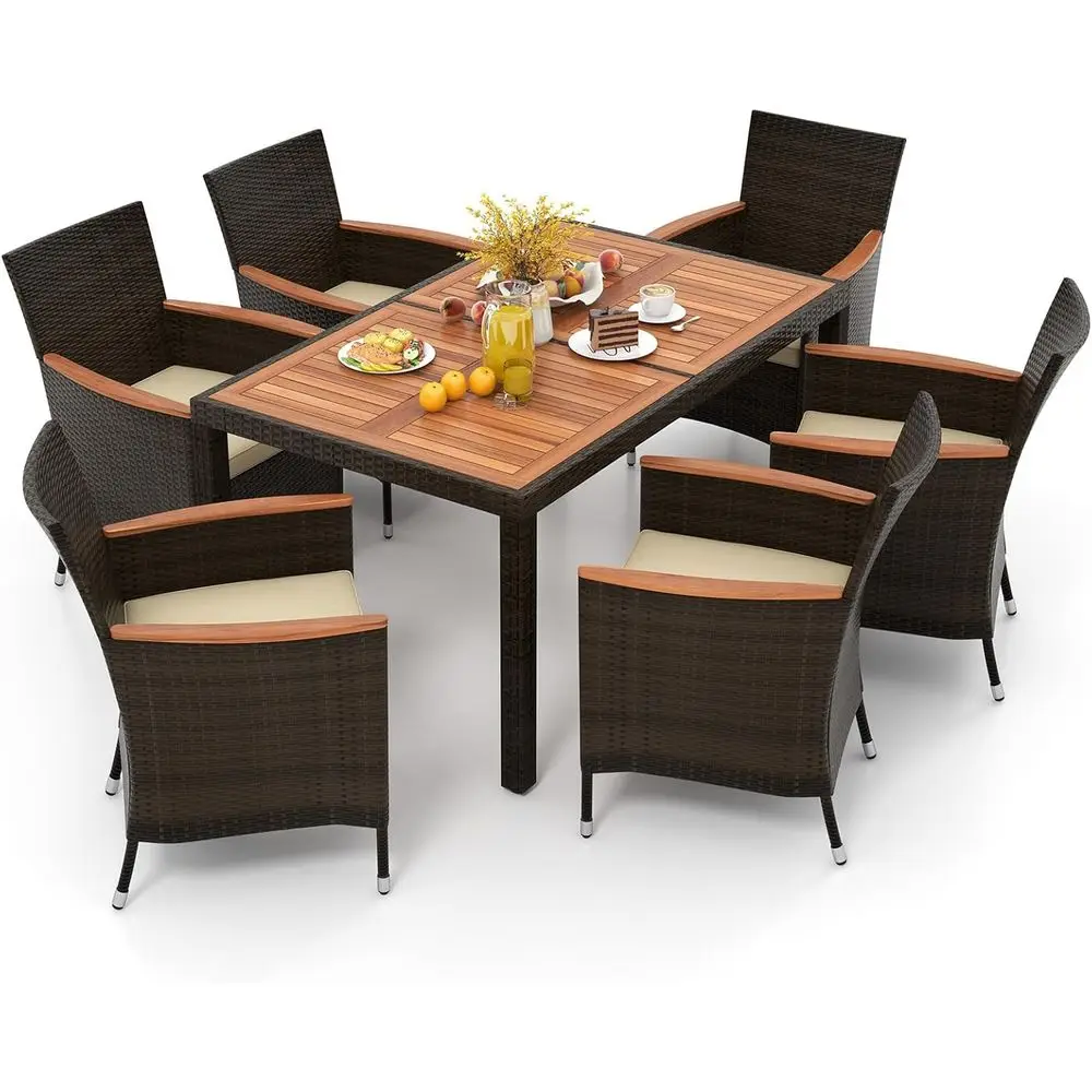 7 Piece Outdoor Dining Set, Wicker Patio Dining Set or 6 with Stackable Chairs & Acacia Wood Table, 1.96'' Umbrella Hole, Patio