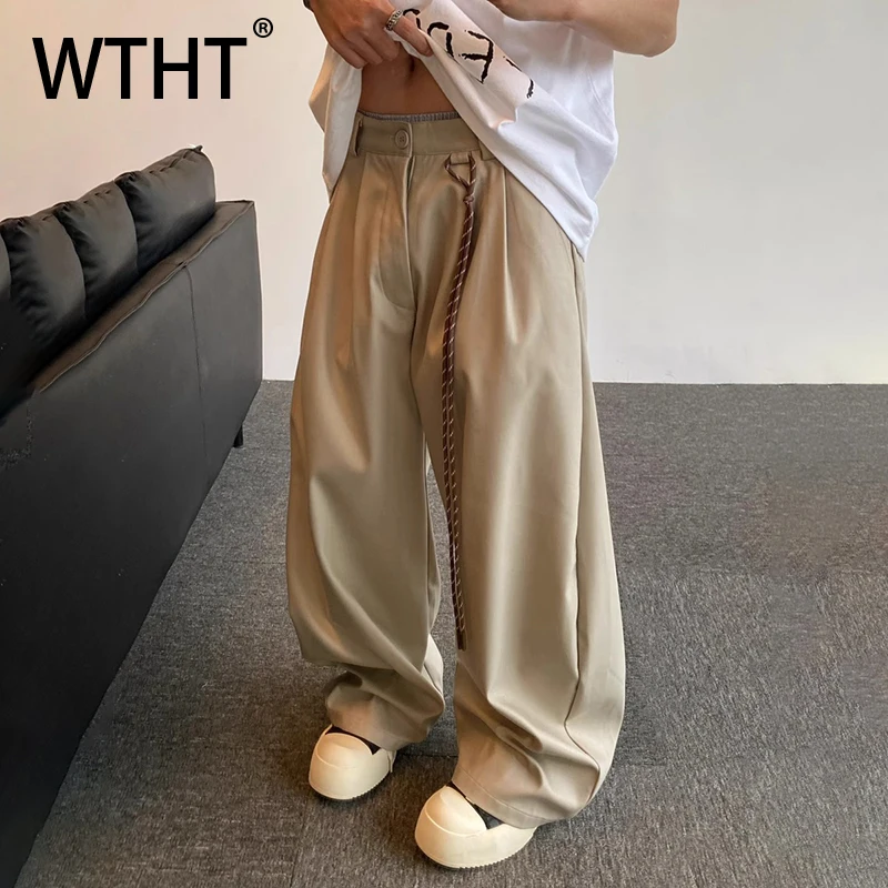 

WTHT модные мужские однотонные свободные бандажные дизайнерские брюки, модные брюки с высокой талией в американском стиле, мужские брюки, лето 202, 2A1140
