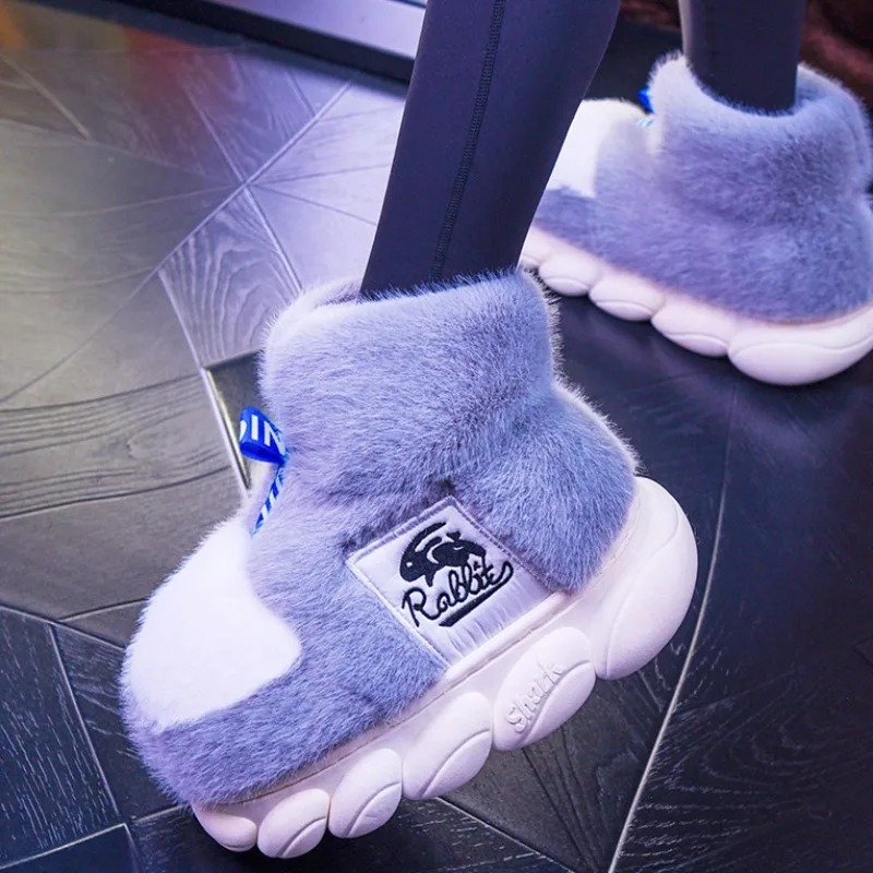 Women Winter Warm Shoes Rabbit Plush Lining Indoor Cotton Slippers Couple Platform High Top Snow Boots Female Male Home Slipper