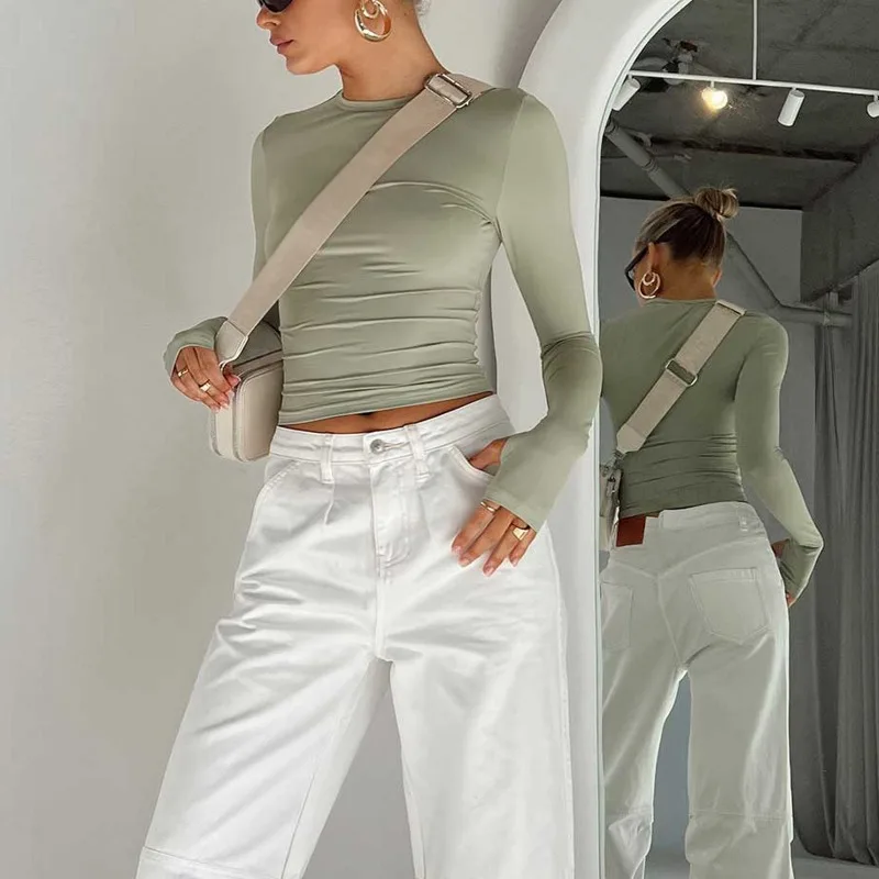 FL Fashion Women T-shirt Long Sleeve Crew Neck Solid Slim Fit Ladies Crop Top with Thumb Holes for Daily Streetwear Summer Camis