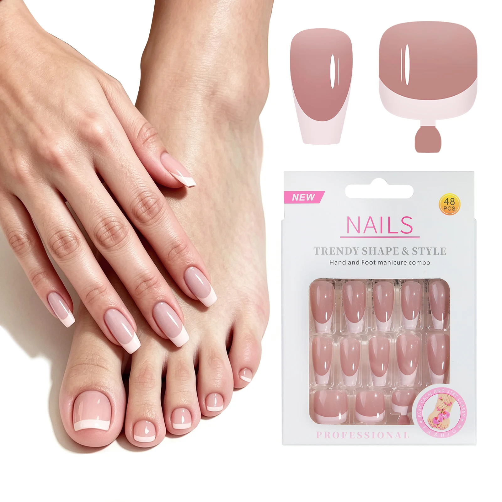 48Pcs Hand Foot Press On Nails Nude White French Tip Medium Coffin Fake Finger Toe Nails Set Reusable False Nail Manicure Kit