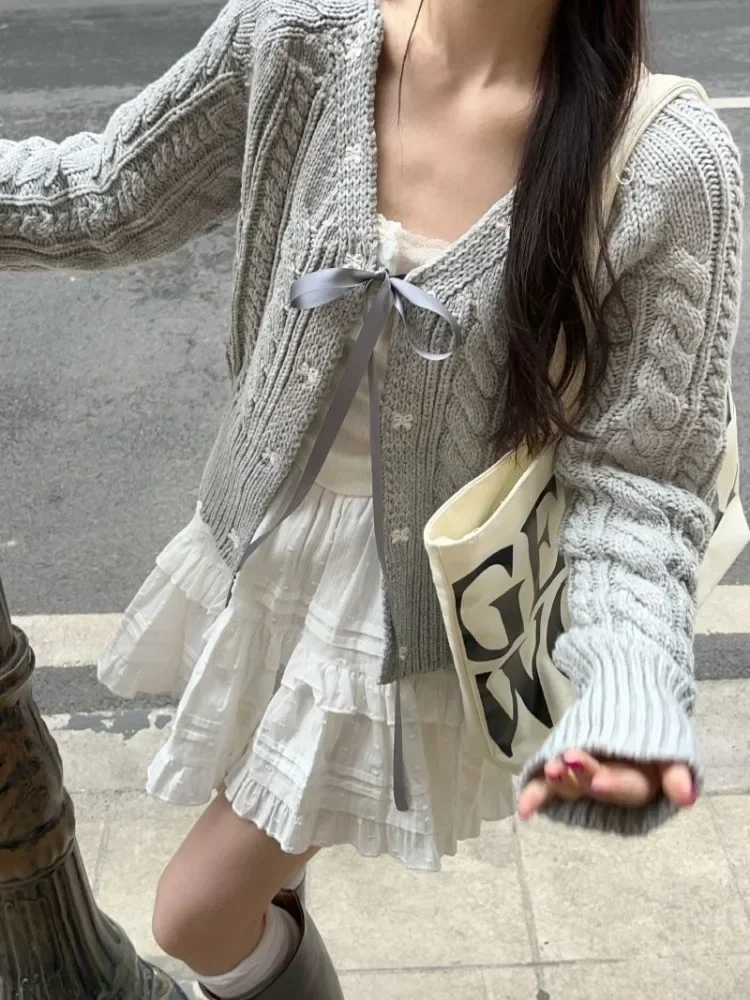 

Deeptown Korean Fashion Grey Cardigan Women Sweet Girl Bow Bandage Coquette Knitted Sweater Mujer Casual Long Sleeve Tops Autumn