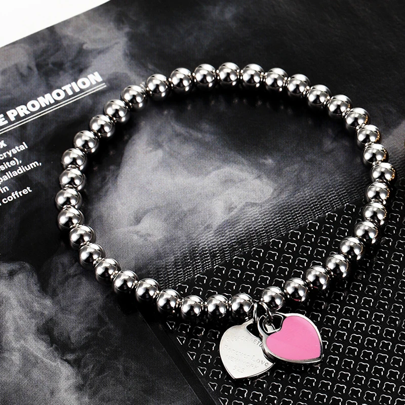 New Fashion Women Party Jewelry Lover Heart Pendant Stainless Steel Elastic Rope Bracelet Bead Chain Woman Bangles