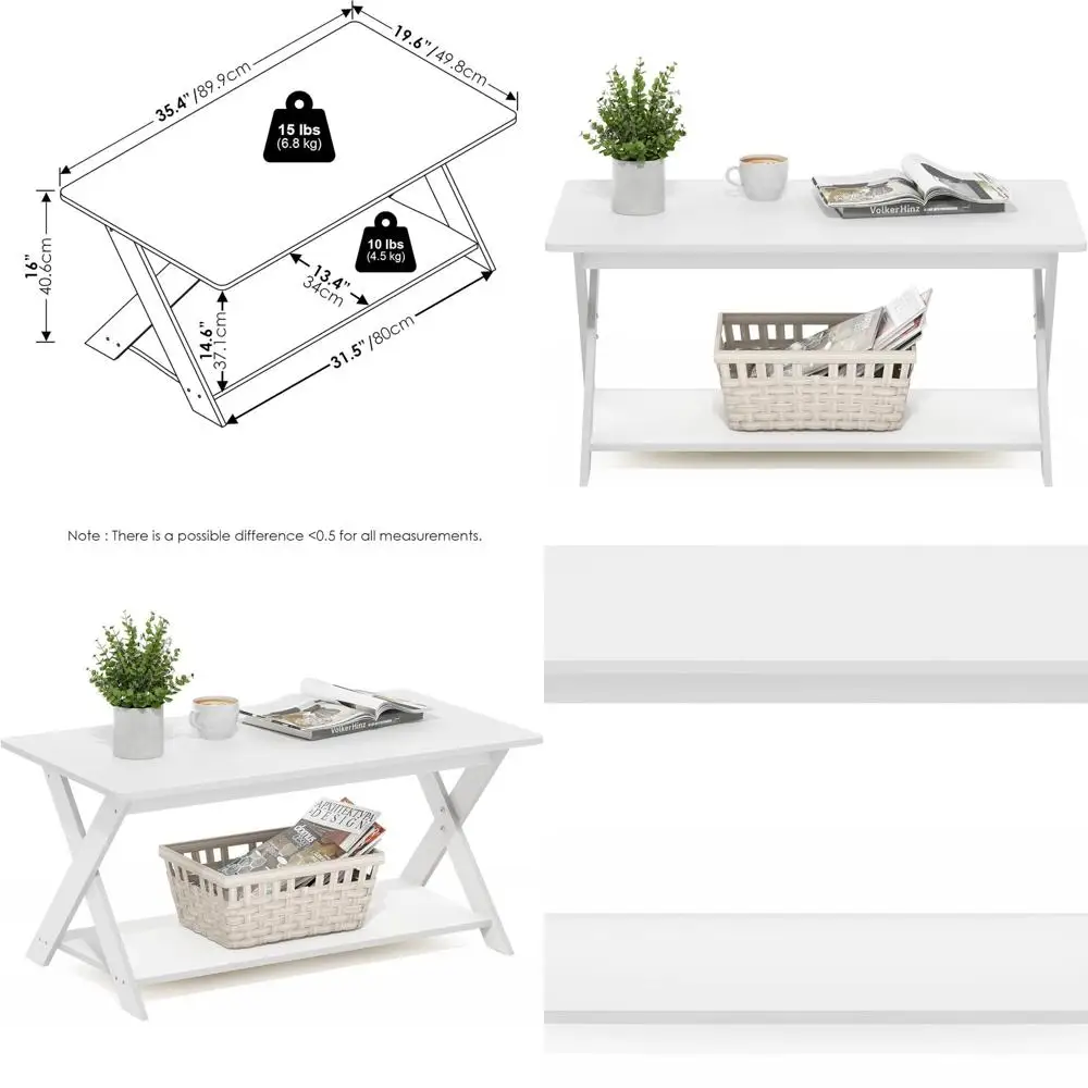 

Elegant White Rectangular Coffee Table with X-Frame Legs for Living Spaces and Home Offices
