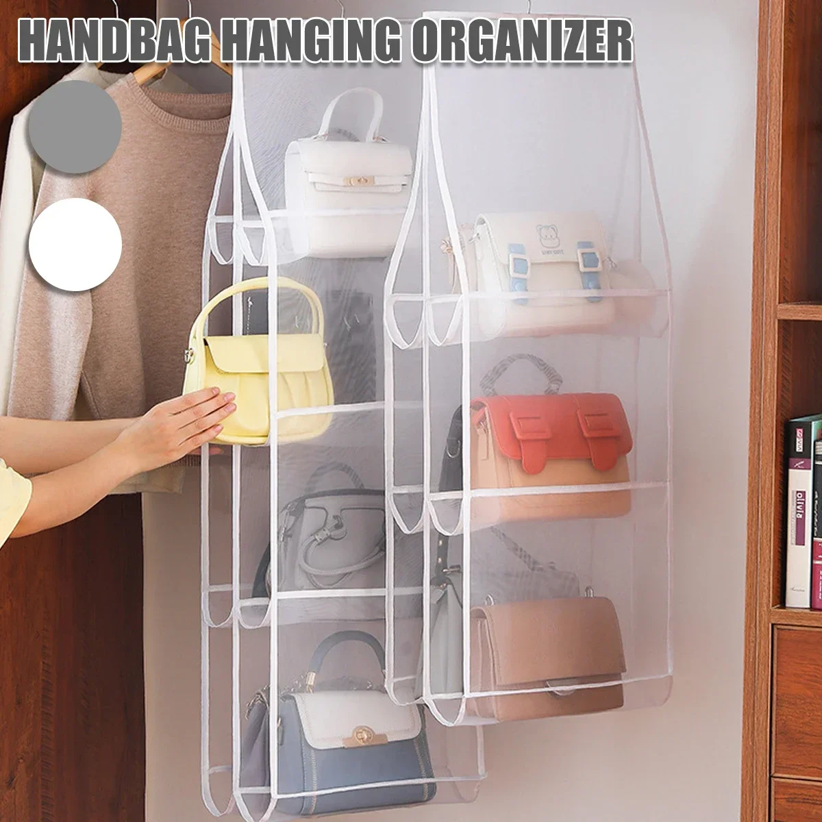 

Hanging Handbag Storage Bag With 6/8 Pocket Wardrobe Closet Transparent Organizer Dust-proof Cover for Household Sundry Shoe Bag