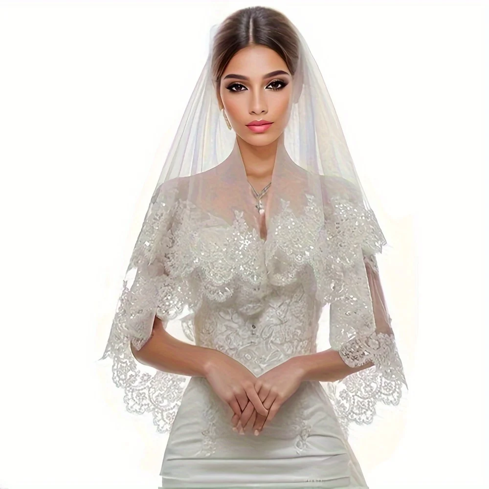 

Elegant Bridal Veil with 2-Layer Lace & Metal Comb - Fashionable Wedding Accessory for Women