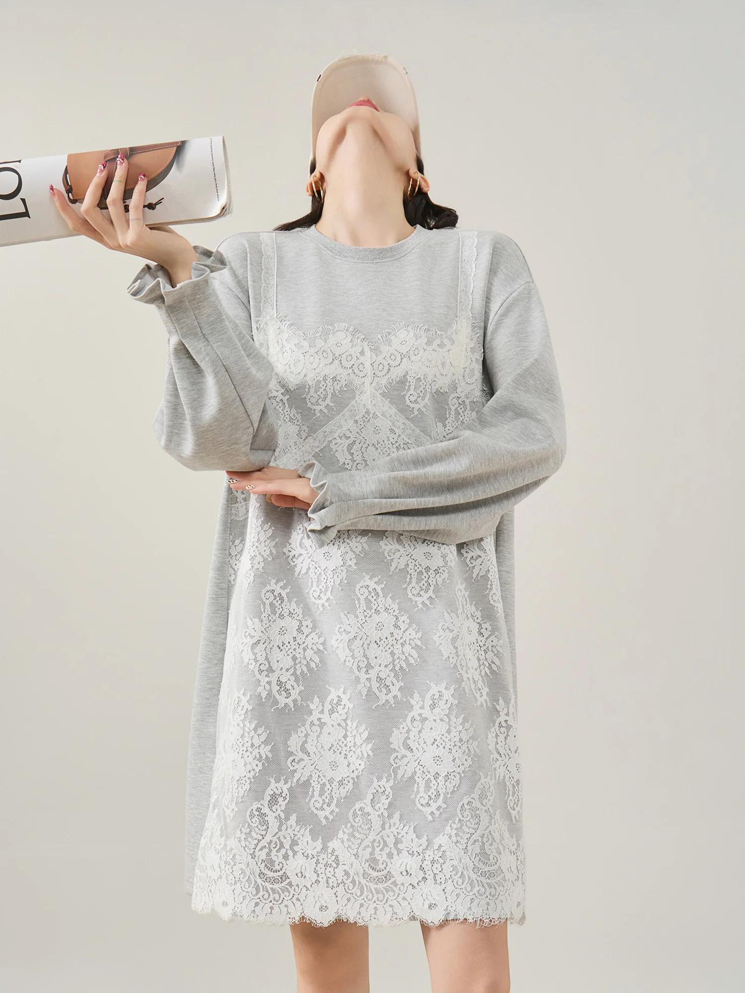 

ay Lace Splice Casual Long Sve Dr Korean Loose Straight Slimming Mid-Length Sweatirt Dr round Ne H-ape Dr