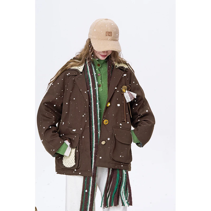 ELFSACK Women's Vintage Padded Jacket with Knit Patch & Brooch Decor, Oversized Button Outerwear