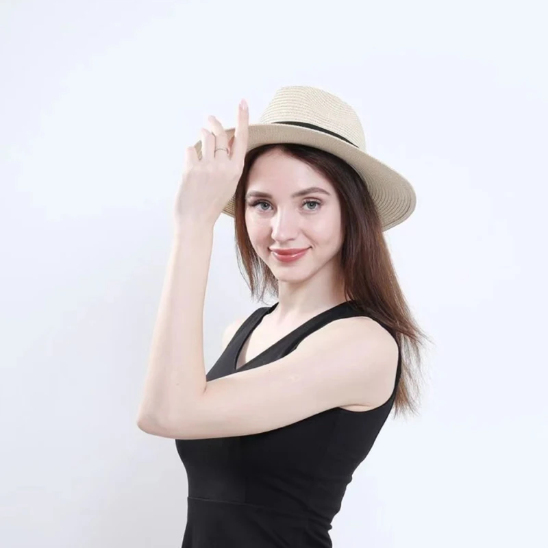 Große Größe 56-58 59-60 cm Neue Natürliche Panama Stroh Hut Sommer Männer Frauen Breite Krempe strand UV Schutz Fedora Sonnenhut Großhandel – Detail 15