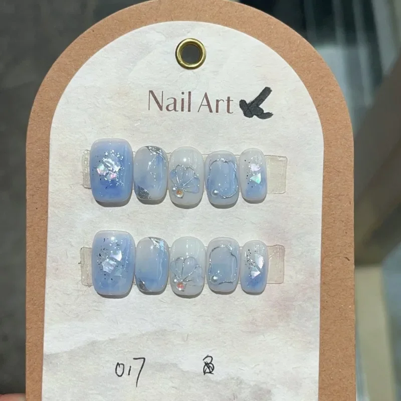 10pcs Handmade Ballet Fake Nails with Glue Fake Nails Press Ons Beach Sweet Decorated Short Square Press on Nails with Design