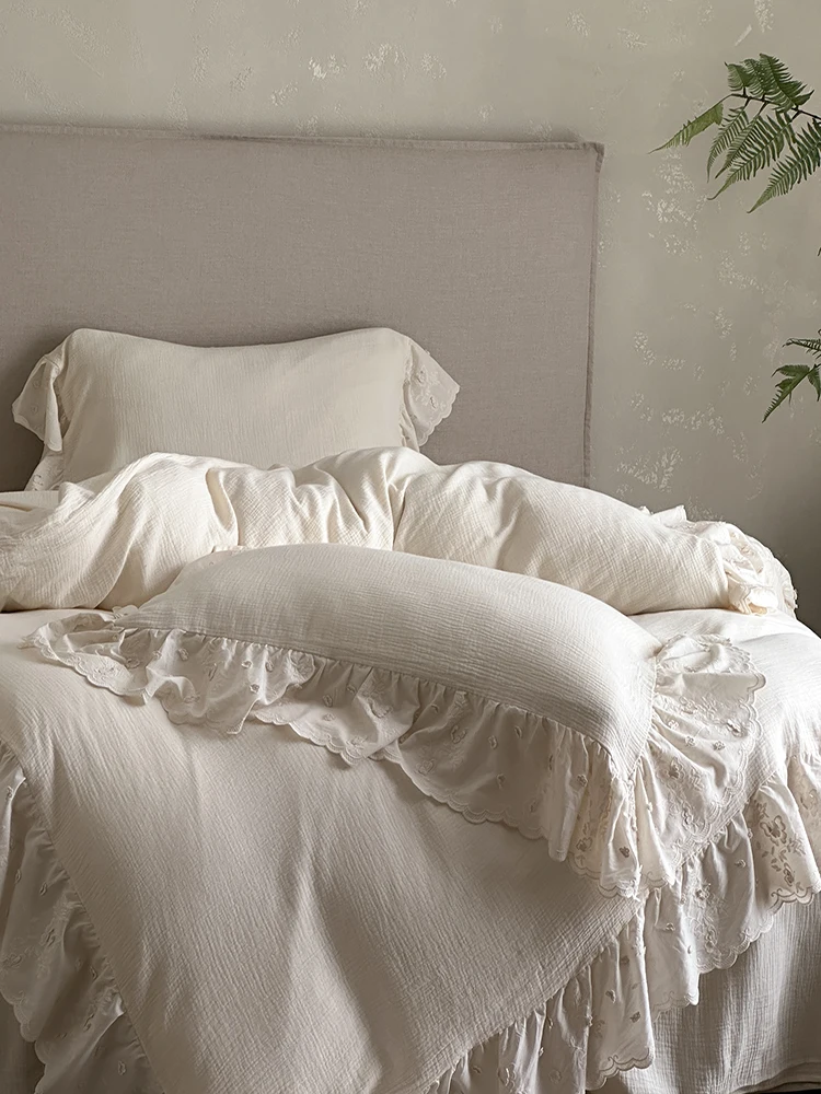  Retro Style Pure Cotton Double Layered Lace Embroidery Four Piece Bedding Set Princess Style Warmth Retention All C...