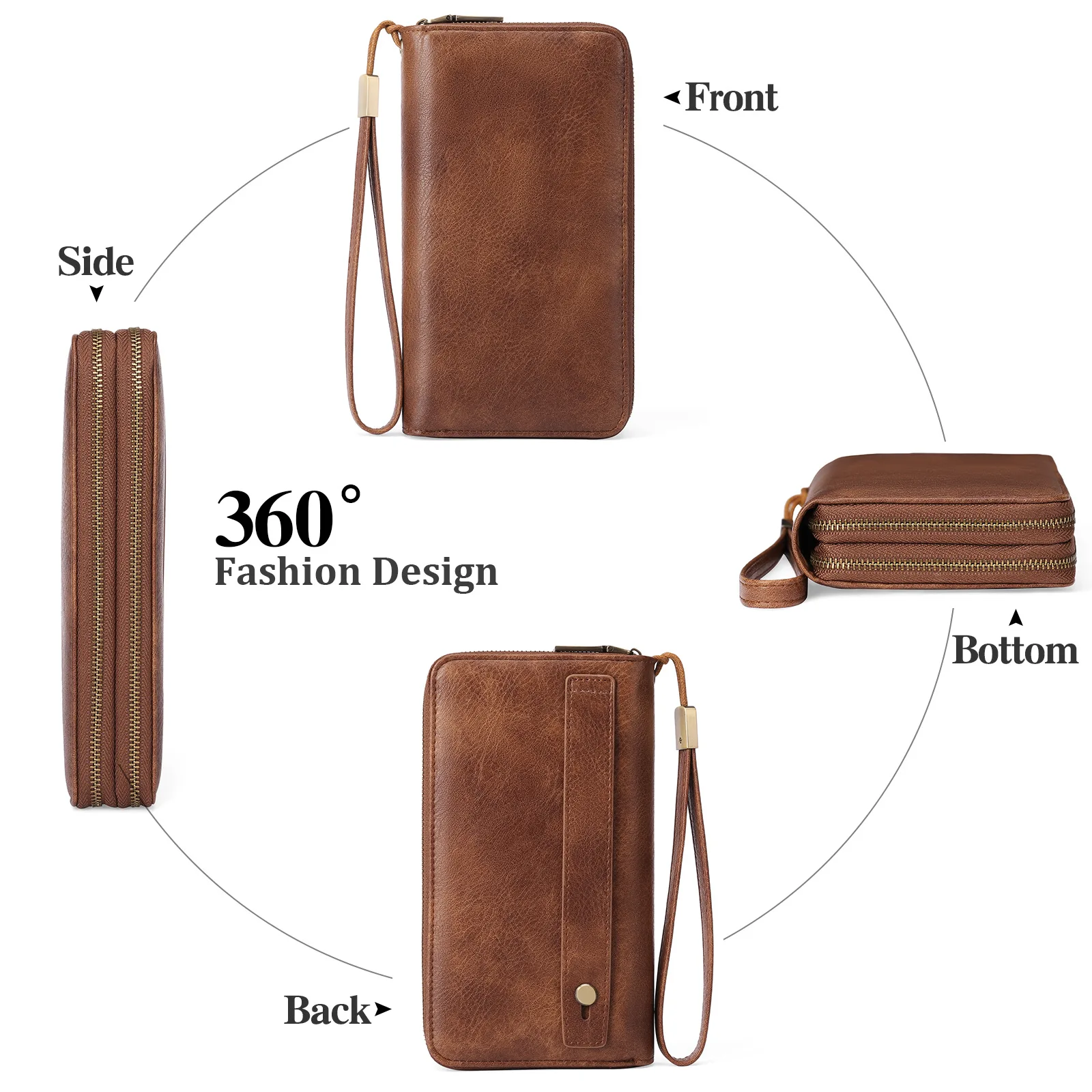 Ladies Vintage Long PU Leather Wallet RFID Blocking Double Zipper Clutch Purse With Detachable Wrist Strap Large Capacity Women Wristlet