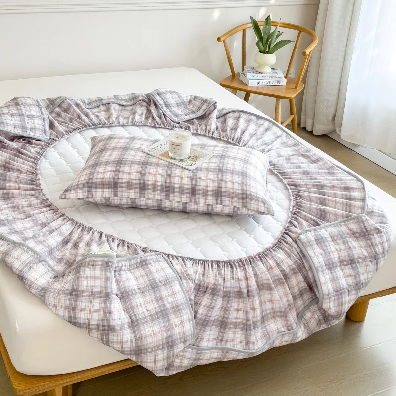 Thicken Quilted 100% Cotton Mattress Protector Cover Plaid Pattern Mattress Topper Pad Bed Cover Fitted Sheet with Elastic Bands