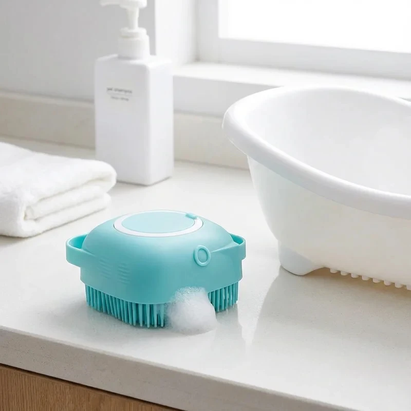 Soft Silicone Pet Bath Massage Brush 2-in-1 Dog Cat Grooming Scrubber with Shampoo Dispenser Comb