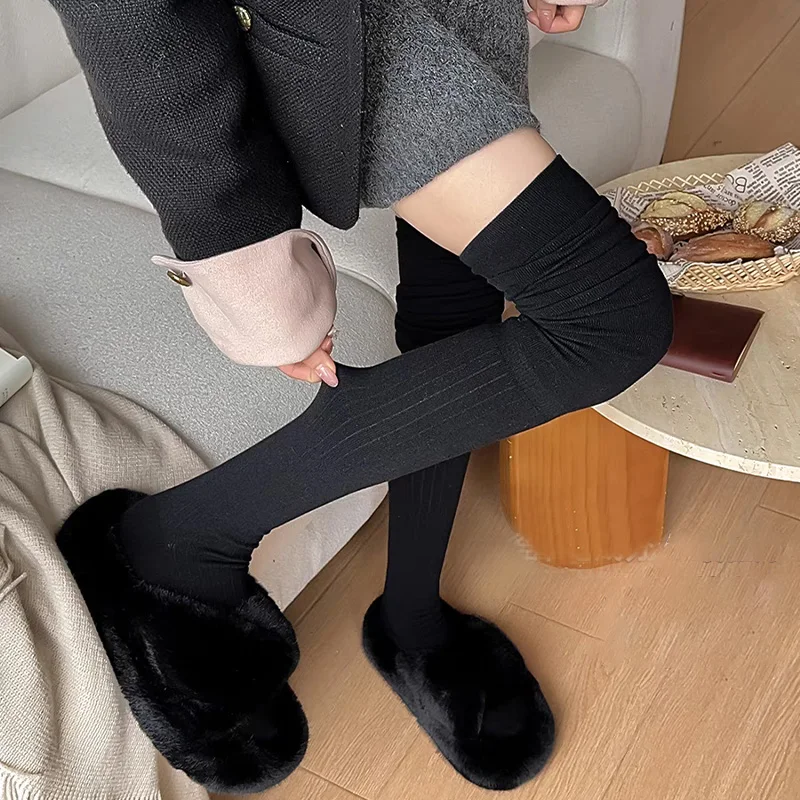 Autumn And Winter Women's Knitted Socks Solid Color Vertical Bar Warm Knee Length Socks Fashion Lolita Socks Splicing Stockings