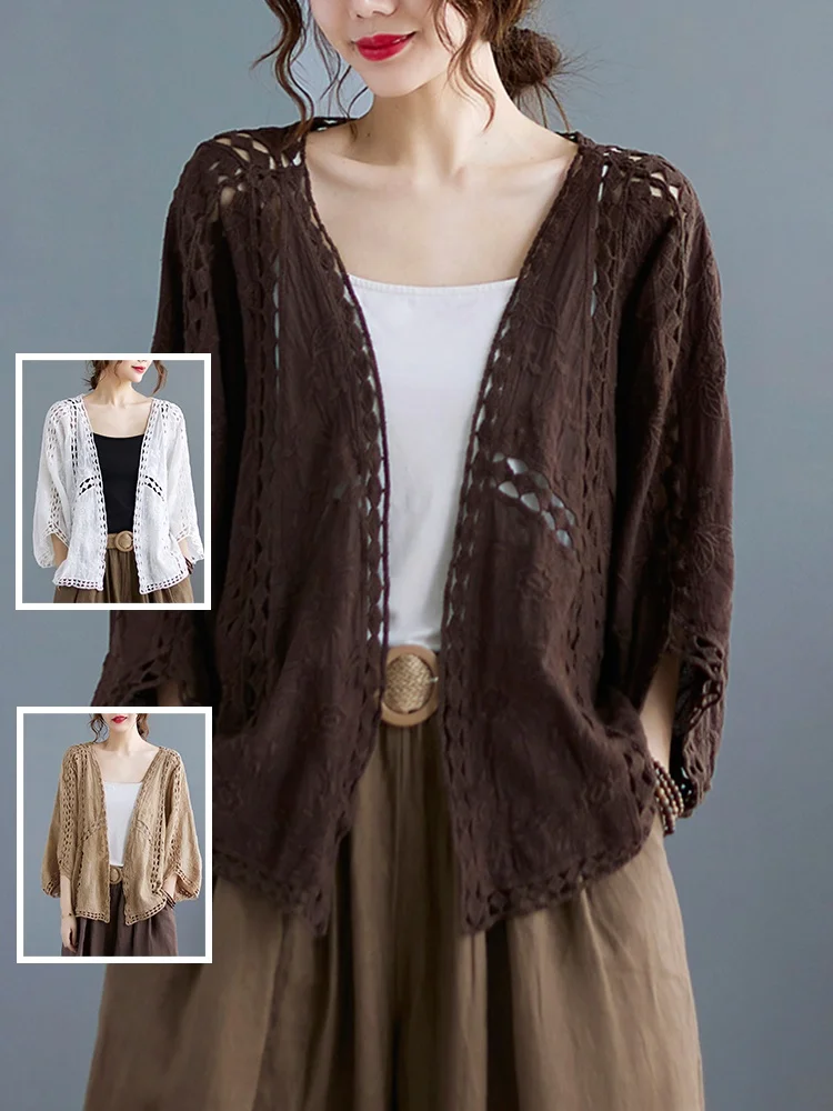 

Faionable Hollow out ort Coat Pure Color V-Ne Batwing Sve Large Size Women's Jaet No Button Summer Open Cardigan