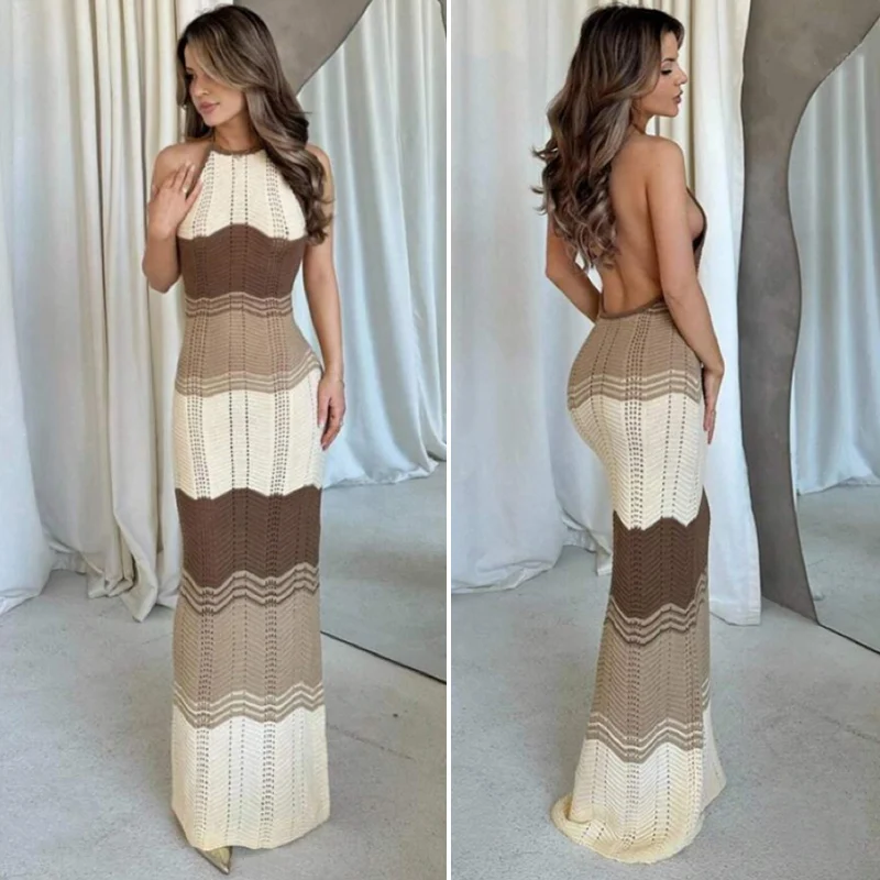 New Style Block Color Beach Dress For Women, Figure-Hugging And Sexy, High-Cut Back, Knitted Dress With Halter Neck
