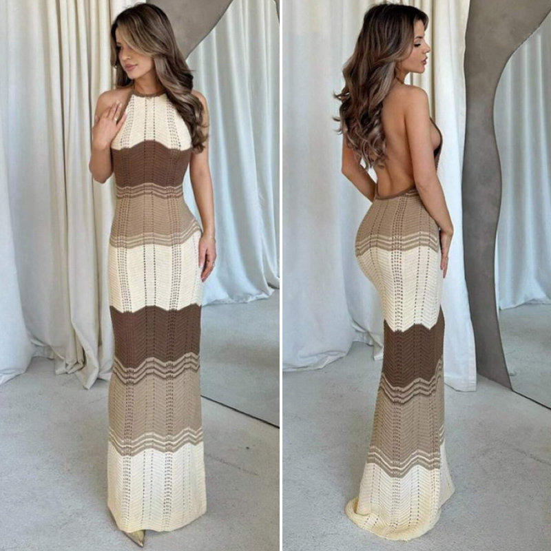  New Style Block Color Beach Dress For Women, Figure-Hugging And Sexy, High-Cut Back, Knitted Dress With Halter Neck 