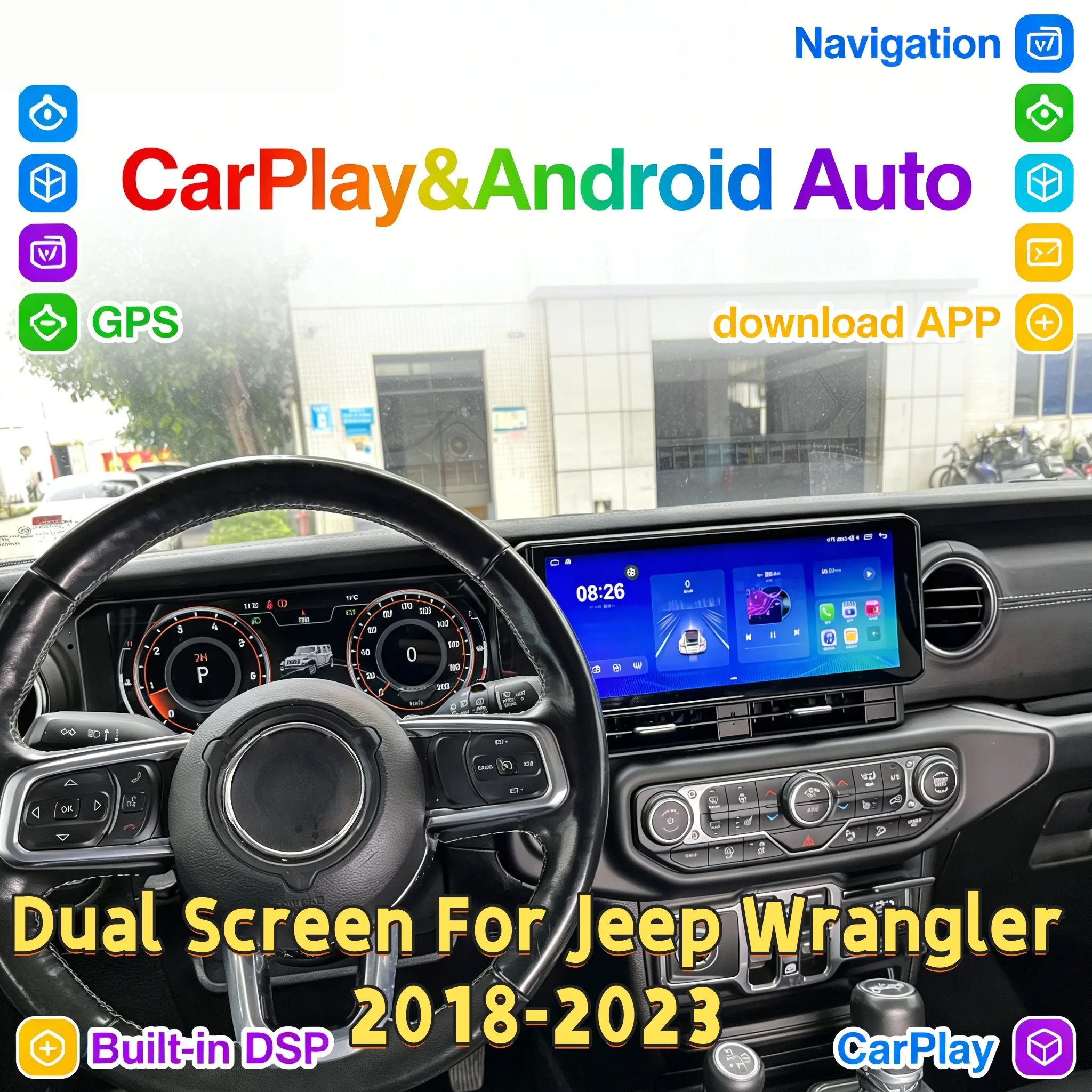 

Dual Screen Digital Dashboard Radio CarPlay For Jeep Wrangler 2018 2019 2020 2021 2022 2023 Android BT 5.0 Radio Head RHD LHD