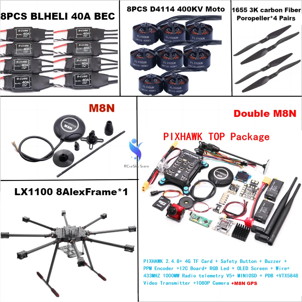 Rama Octa-Rotor LX1100 z włókna węglowego, 1100 mm, ESC BLHELI 40A, kontroler lotu PX4 Pixhawk 2.4.8, podwójne mocowanie M8N, zestaw silników D4114, RC