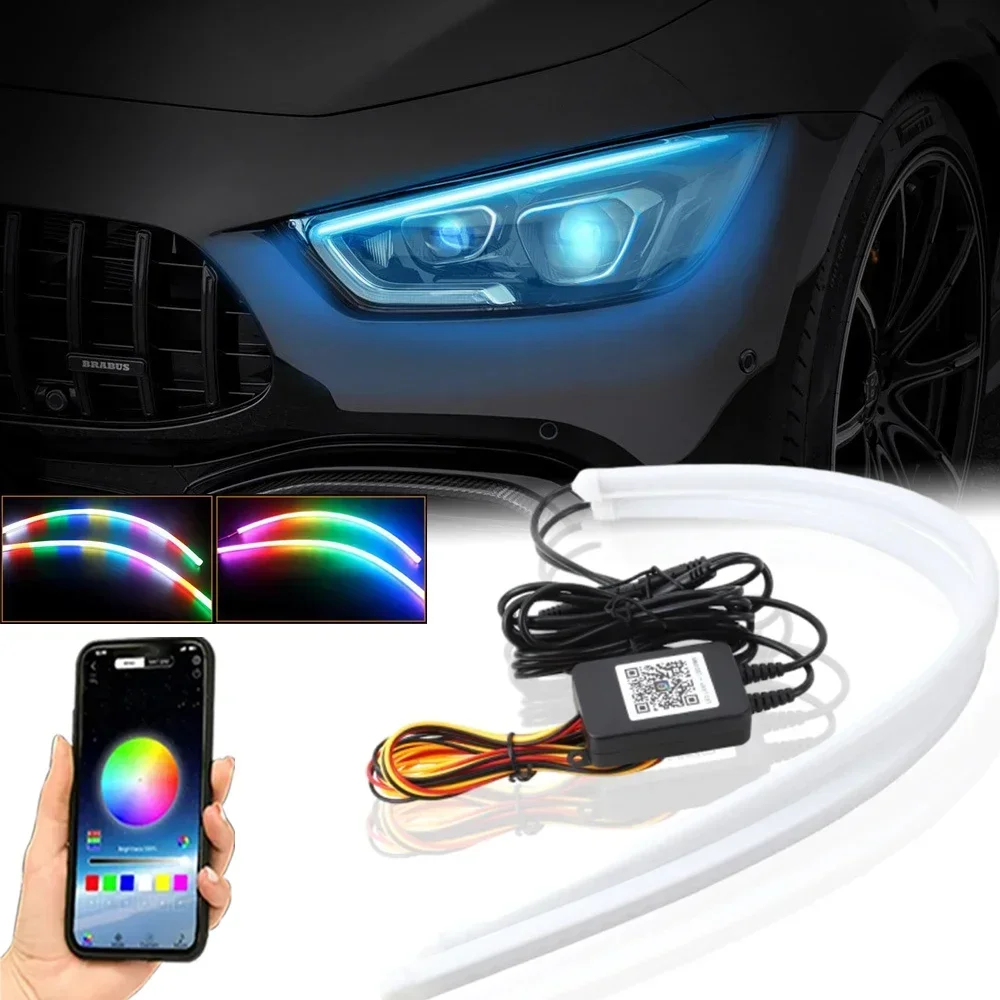 2 pièces DRL voiture LED feux de jour APP contrôle Flexible RGB symphonie coulant clignotant bande phare lampe décorative 12V