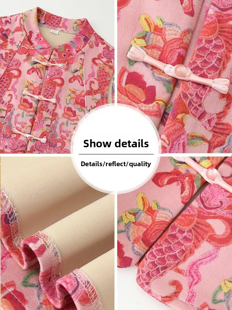 シックな中国風の女性用ベスト、秋のアウターウェア、中年および年配の母親向け、ファッショナブルなプリント入りルーズフィットカーディガン