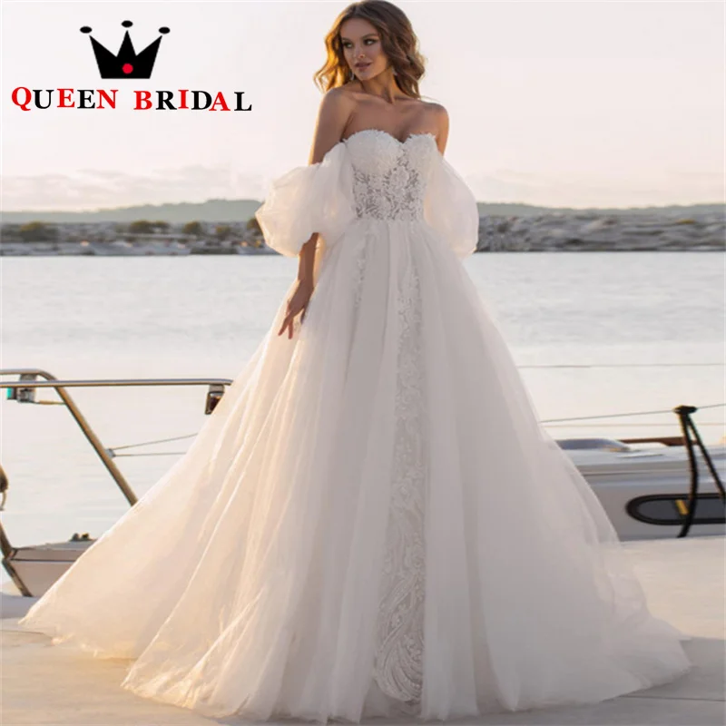 Morden Off Shoulder A Line Wedding Dresses Sweetheart Appliques Puff Sleeve Bridal Gown For Women Robe De Mariée Custom S43Y