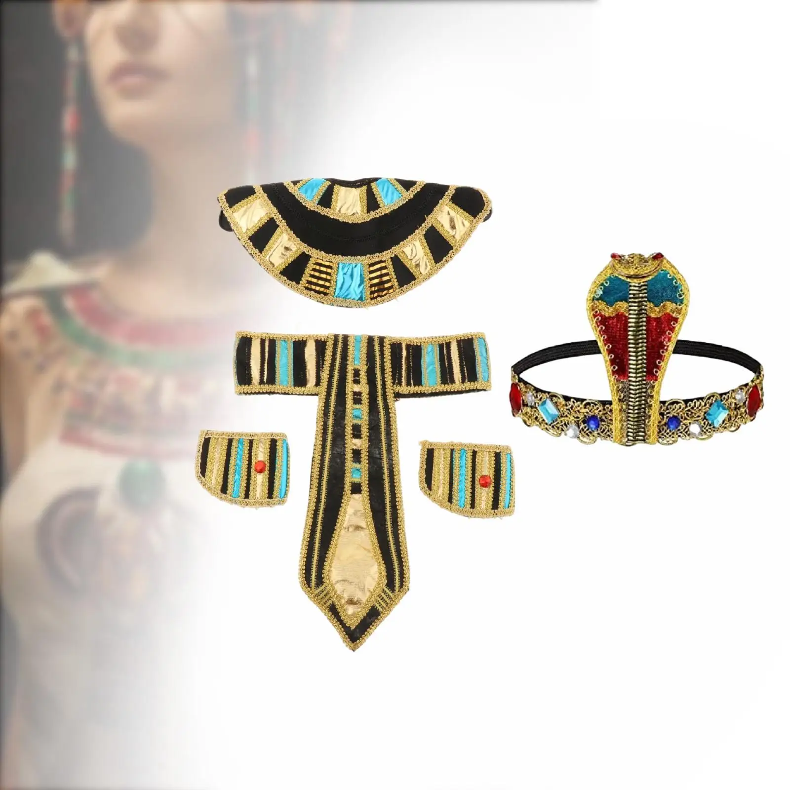 

5Pcs Egyptian Costume Accessories Cuffs Belt Snake Shape Headpiece Egyptian Headband for Holiday Pageant Clothes Party Halloween