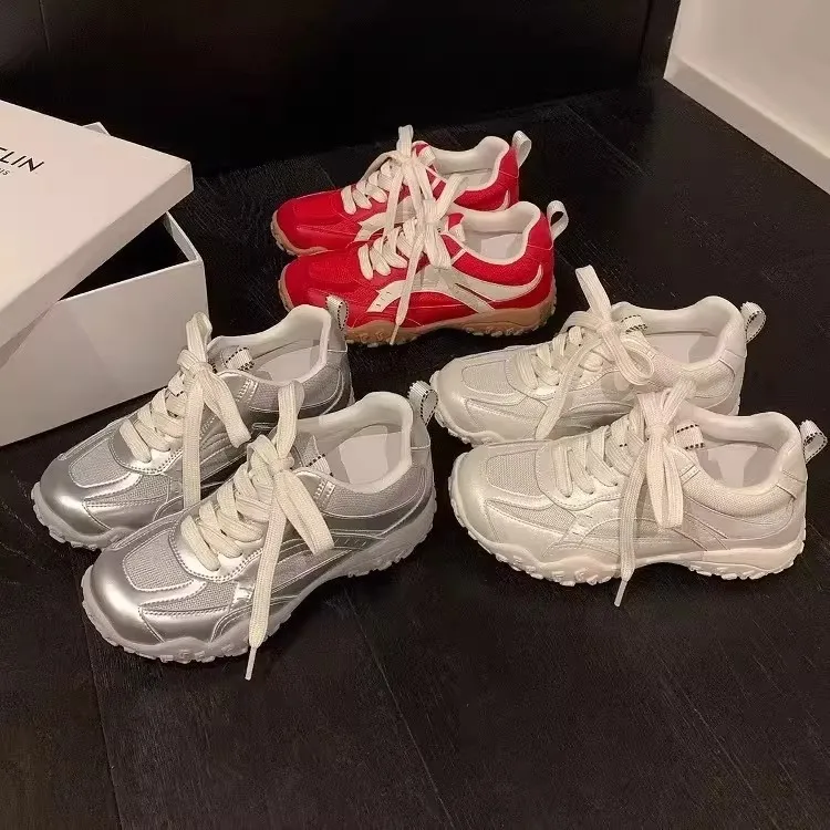 

Silver Air Mesh Satin Shoelaces Lace Up Sneakers 2026 New Fashion Women Casual Shoes Round Toe Platform Training Shoes