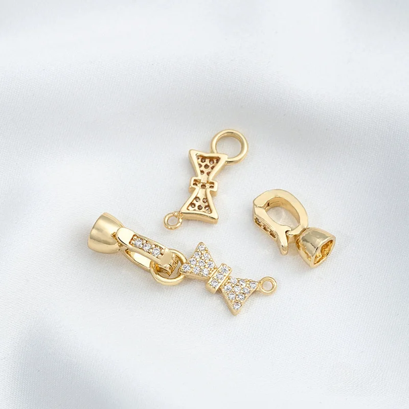 14kGold-plated 색상 유지 지르콘-상감 된 Bowknot 진주 걸쇠, 목걸이 팔찌 커넥터, DIY 수제 쥬얼리 액세서리