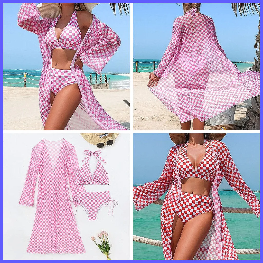 

Сексуальный комплект бикини в клетку из 3 предметов, бразильский купальник для женщин, пляжный купальный костюм с высокой талией (Количество символов: 78)