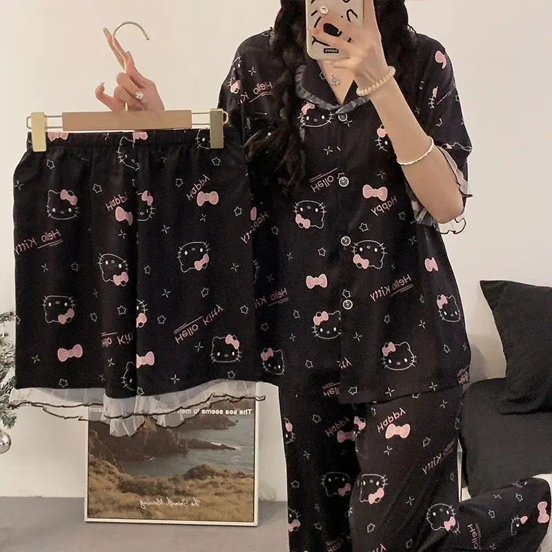 

Cute Hello Kitty Sweet 3Pcs Short Pajamas for Women Summer New Cute Anime Short Sleeve Tops and Long Pants 3-Piece Homewear Set